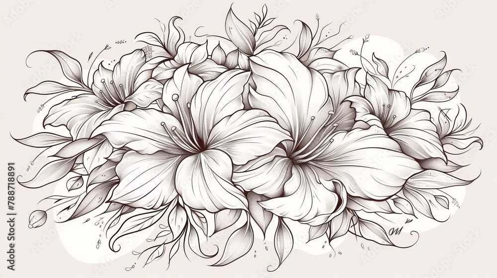 Sketch of a tattoo blooming flowers in a bouquet and on branches, AI generated Sketch of a tattoo blooming flowers in a bouquet and on branches, AI generated