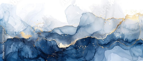 Marble pattern in soft line watercolour, alcohol ink painting with shiny gold, navy colours