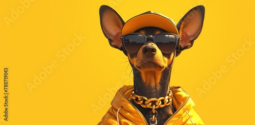 A dog dressed in a hiphop style with gold chains, sunglasses and a cap against the background of an orange gradient