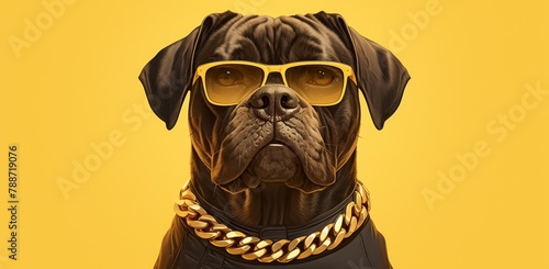 A dog dressed in a hiphop style with sunglasses, a cap and a gold chain necklace against an isolated yellow background. The concept of urban culture among dogs.