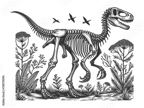 dinosaur skeleton amidst prehistoric plants, capturing the essence of the Jurassic era sketch engraving generative ai vector illustration. Scratch board imitation. Black and white image.