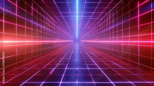 3d render, abstract futuristic background, empty virtual room, cyber space with grid, glowing with violet red neon light, Generative AI