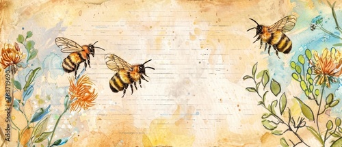 watercolour painting of honey bee and sunflower with soft brown abstract copyspace background © Image