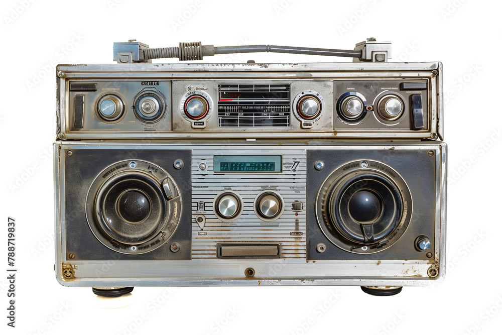 Retro Silver Boombox Radio Cassette Player - Isolated on White Transparent Background, PNG
