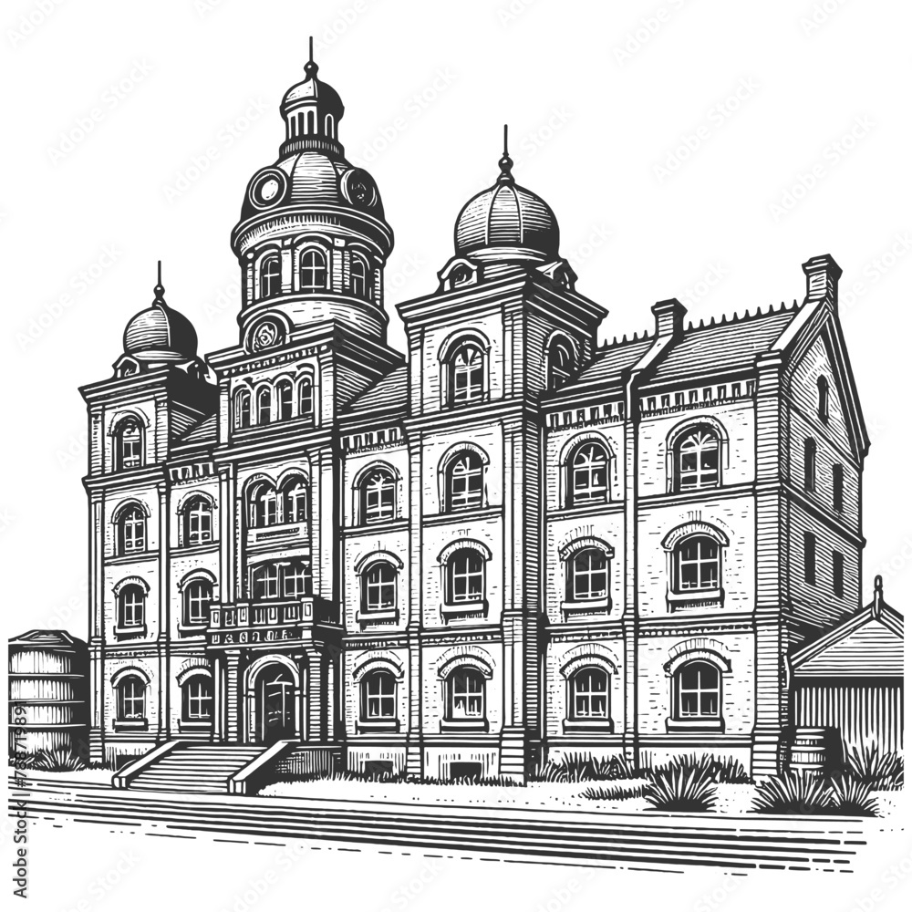 Victorian-era courthouse with domes and architectural ornaments, ideal for historical concepts ketch engraving generative ai vector illustration. Scratch board imitation. Black and white image.