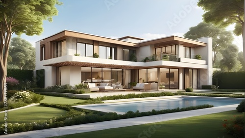 A photorealistic depiction of a modern villa featuring a garden landscape. The garden is designed with a simple layout, showcasing cleanliness and tidiness. The image captures the architectural detail