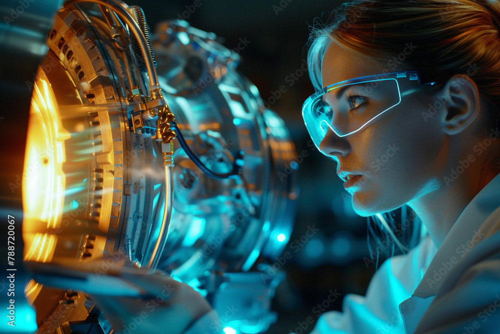 Engine hologram inspection woman analyze holographic image in digital glasses. Closeup futuristic automobile industry specialist checking turbine project designing motor. High tech engineering concept