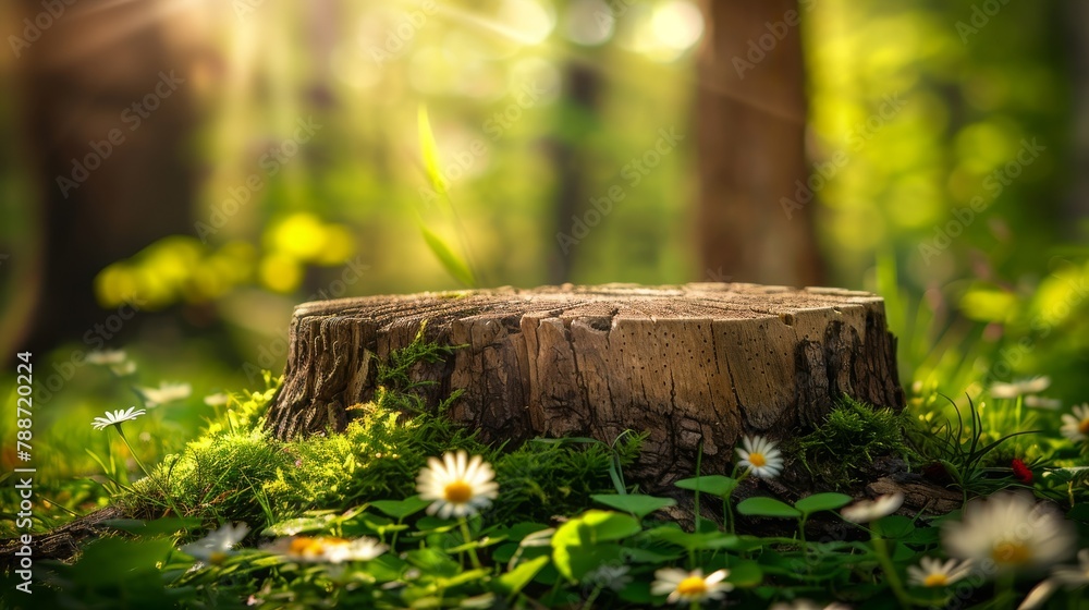 Serene Tree Stump Amid Lush Greenery of a Forest Landscape in Nature's Embrace Serene Tree Stump Amid Lush Greenery of a Forest Landscape in Nature's Embrace