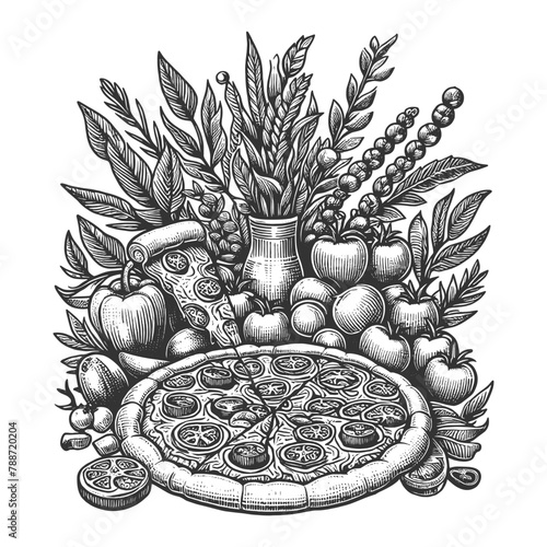 whole pizza surrounded by fresh ingredients including tomatoes and herbs sketch engraving generative ai vector illustration. Scratch board imitation. Black and white image.