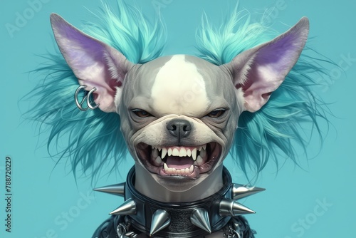 A hairless Chinese trend dog with long ears and turquoise hair, snarling on purple background, funny face photo