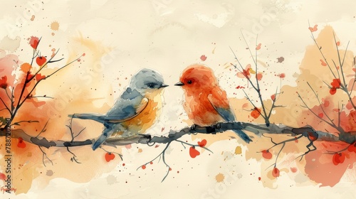 Minimalist Watercolor Whimsical Nature Illustration of Two Happy Redbreasts Generative AI © Paul