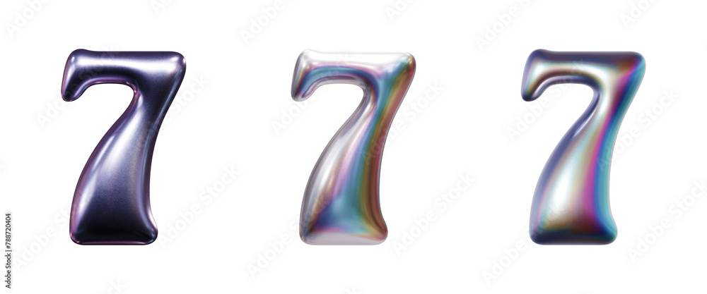 Number 7 in three-dimensional holographic iridescent chrome lettering isolated on transparent background. 3D rendering Number 7 in three-dimensional holographic iridescent chrome lettering isolated on transparent background. 3D rendering