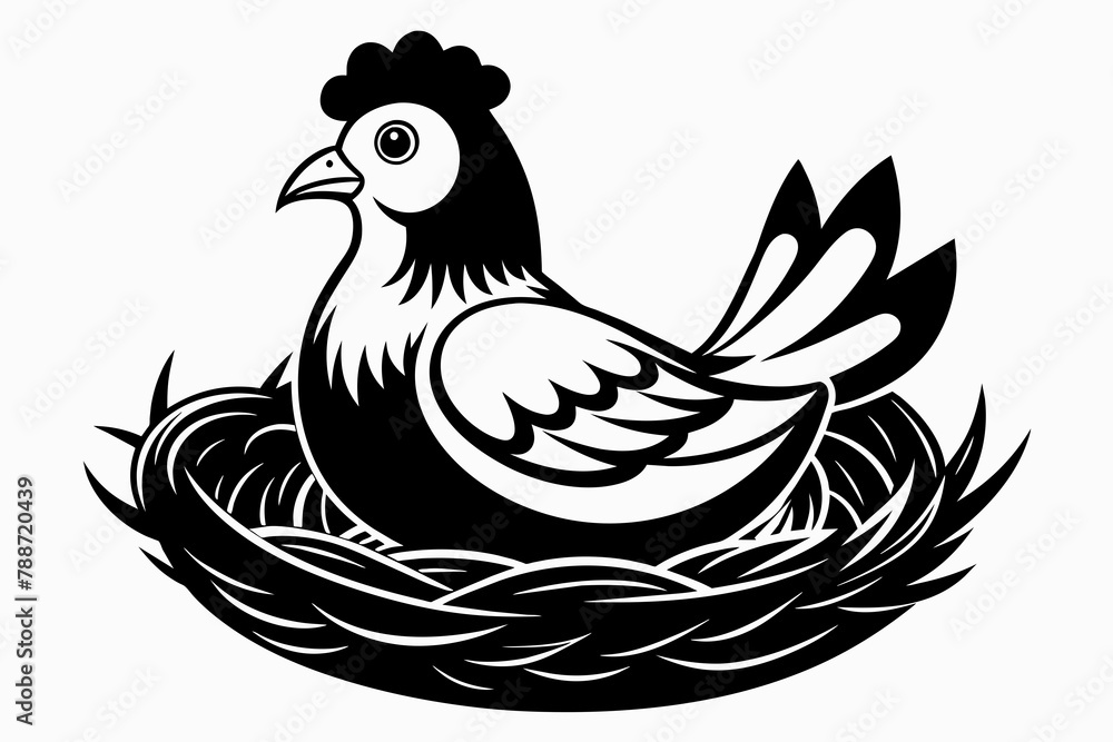 Black and white, A chicken sitting on a nest Stock Vector | Adobe Stock