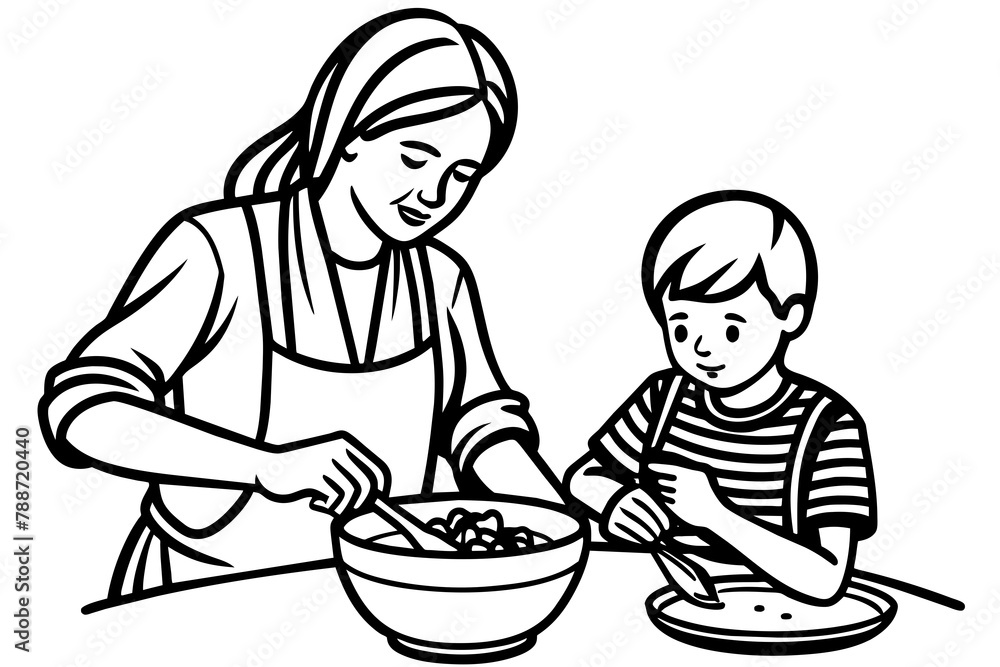 A mother helping her child build a sandcastle at the beach, illustrated in continuous line art vector silhouette A mother helping her child build a sandcastle at the beach, illustrated in continuous line art vector silhouette