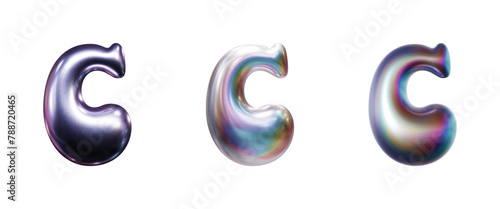 Letter C in three-dimensional holographic iridescent chrome lettering isolated on transparent background. 3D rendering