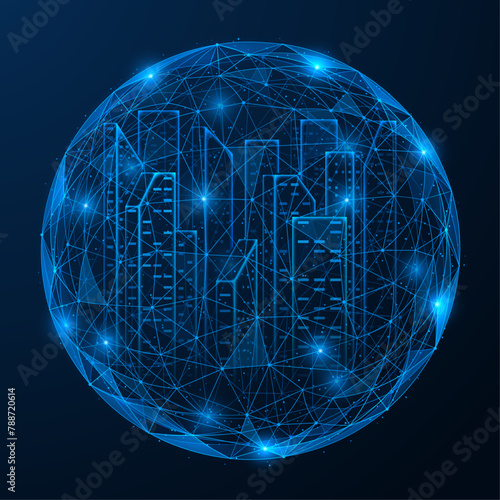 Megalopolis within a sphere. Polygonal design of interconnected lines and dots. Blue background.