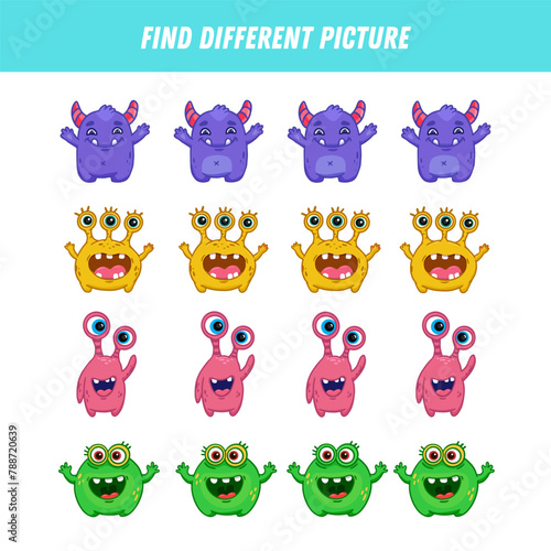 Find different monsters each row. Logical game for kids. Cartoon monster. Vector