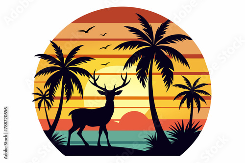 vector t-shirt design  black silhouette illustration vintage retro sunset with palm trees with the dear and autumn feel  and isolated design on white background