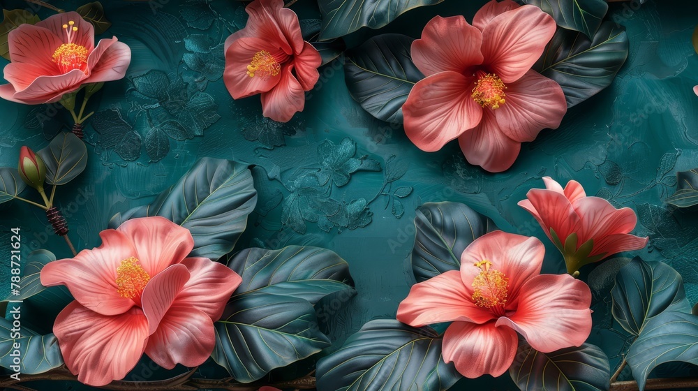 A painting of pink flowers against a teal background, their centers filled with red, encircled by emerald-hued leaves A painting of pink flowers against a teal background, their centers filled with red, encircled by emerald-hued leaves