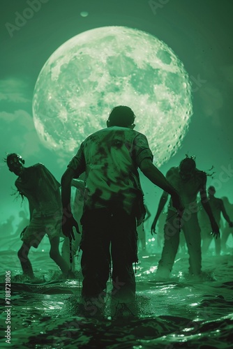 Group of zombies howling at a supermoon eerie swamp photo