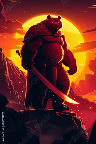 Medieval armored bear on a mountain path sunset lighting