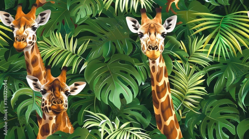 Obraz premium Two giraffes standing side by side in front of a lush forest of green, leafy plants
