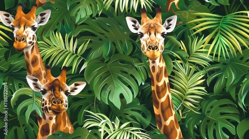  Two giraffes standing side by side in front of a lush forest of green, leafy plants