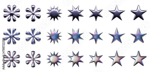 Star and orb shapes in three-dimensional Y2K holographic chrome styles isolated on transparent background. 3D rendering