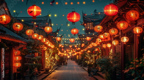 Vibrant Red Lanterns Illuminate Urban Street