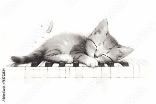 Minimalist Line Art of a Sleeping Cat on a Piano in Boho Style Generative AI photo