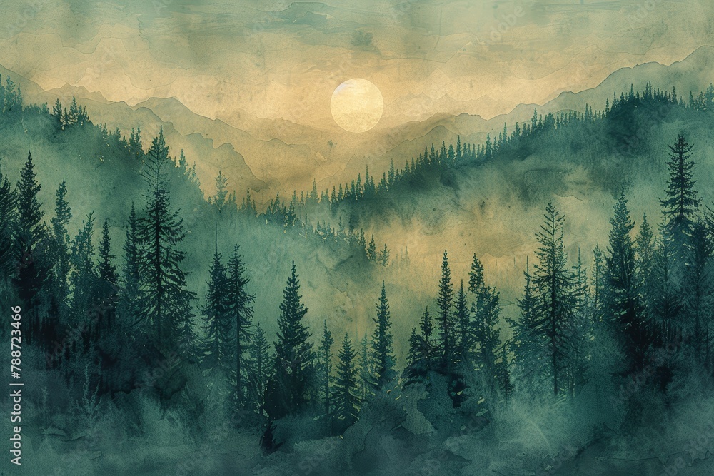 Atmospheric Layered Pine Forest Watercolor Landscape Generative AI - obrazy, fototapety, plakaty 