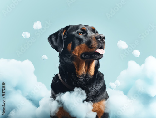 A dog with a black and brown coat is staring at a cloudy sky. The dog's expression is serious and contemplative, as if it is pondering the weather or something else photo