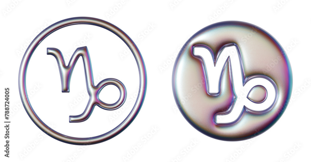 Capricorn zodiac symbol in three-dimensional Y2K holographic chrome styles isolated on transparent background. 3D rendering Capricorn zodiac symbol in three-dimensional Y2K holographic chrome styles isolated on transparent background. 3D rendering