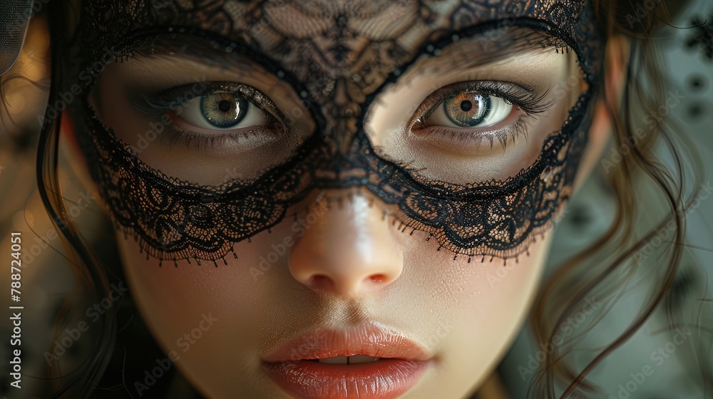 A mysterious woman adorned in an elegant masquerade mask, her eyes sparkling with intrigue bene
