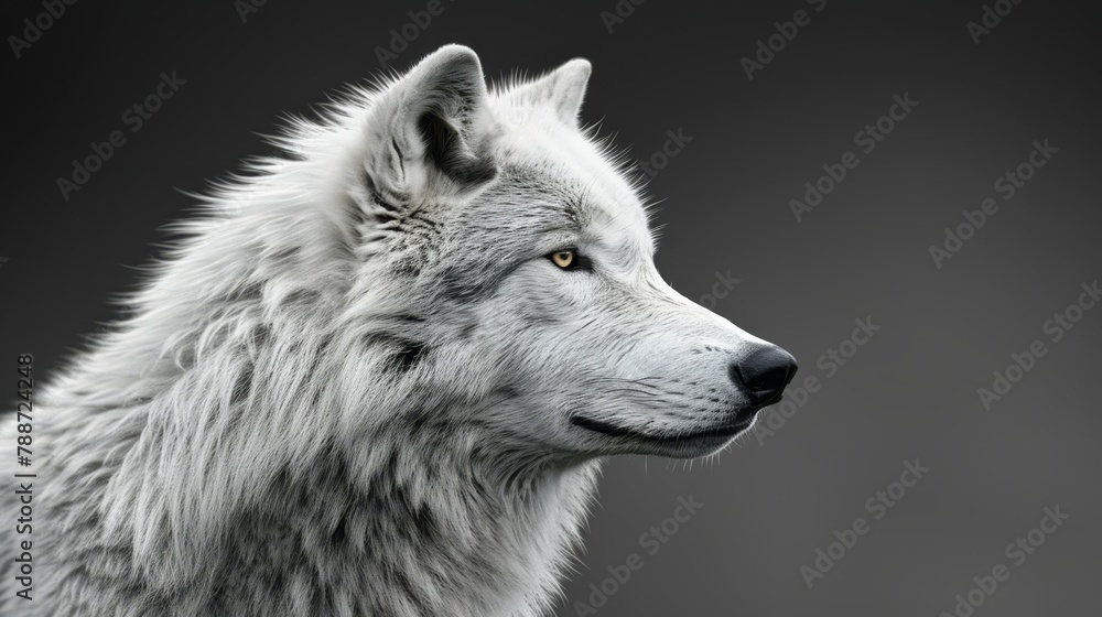 Obraz premium A wolf's face in close-up against a black backdrop, highlighted by a white wolf in the foreground