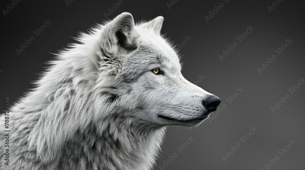   A wolf's face in close-up against a black backdrop, highlighted by a white wolf in the foreground