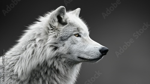  A wolf's face in close-up against a black backdrop, highlighted by a white wolf in the foreground