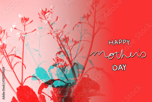 Hand written happy mothers day text greeting with bright pink and blue flower design background.