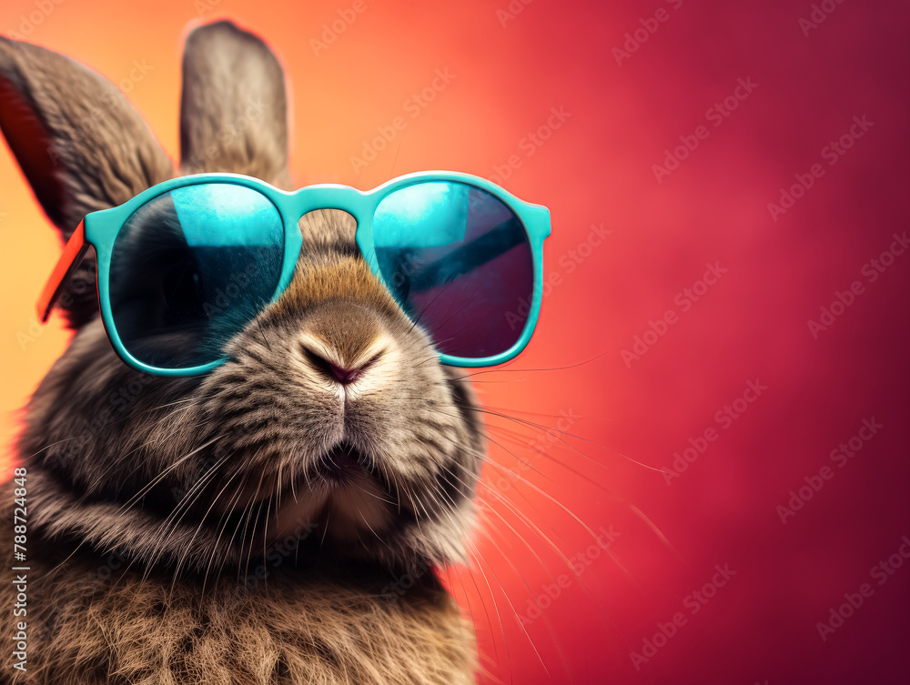 A rabbit wearing sunglasses and a blue frame. The rabbit is looking at the camera