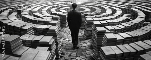 Looking thoughtfully in the middle of a maze constructed of huge books,