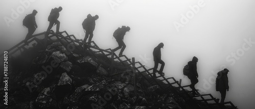 Corporate ladder, distant view, dark silhouettes climbing on black and gray background photo