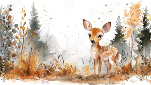 Whimsical Watercolor Illustration of Fawn in Enchanted Forest Generative AI © Paul