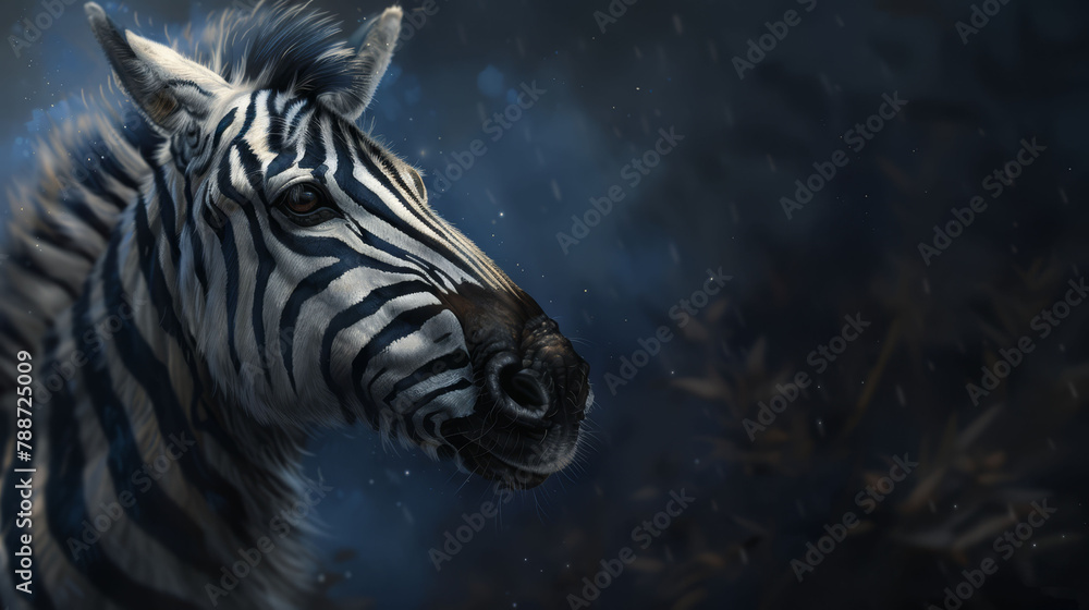 Fototapeta premium A tight shot of a zebra's face Striped animal in the foreground, black and white Background is dark