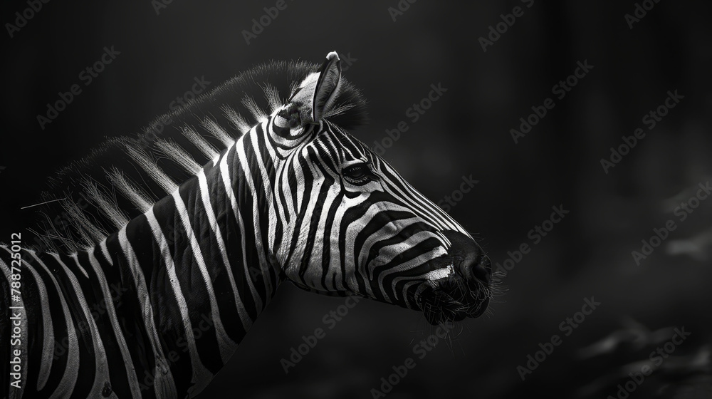 Fototapeta premium A black-and-white image of a zebra's head and neck, contrasting with birds in the background