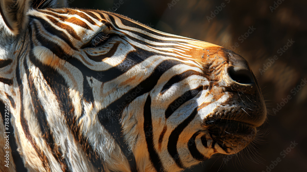 Obraz premium A tight shot of a zebra's face, turning its head sideways, against a softly blurred backdrop