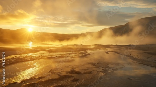 Geothermal Springs at Sunrise with Steam