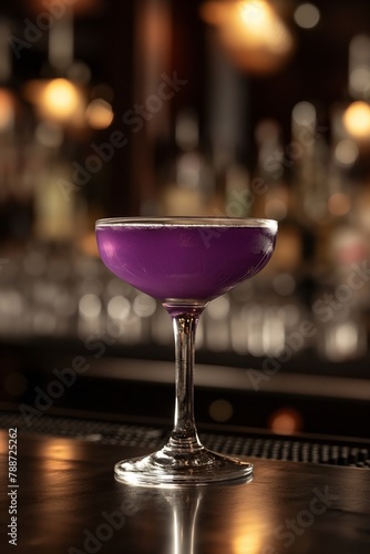 Elegant purple Aviation cocktail in a glass on a bar counter, with a warm, blurred background