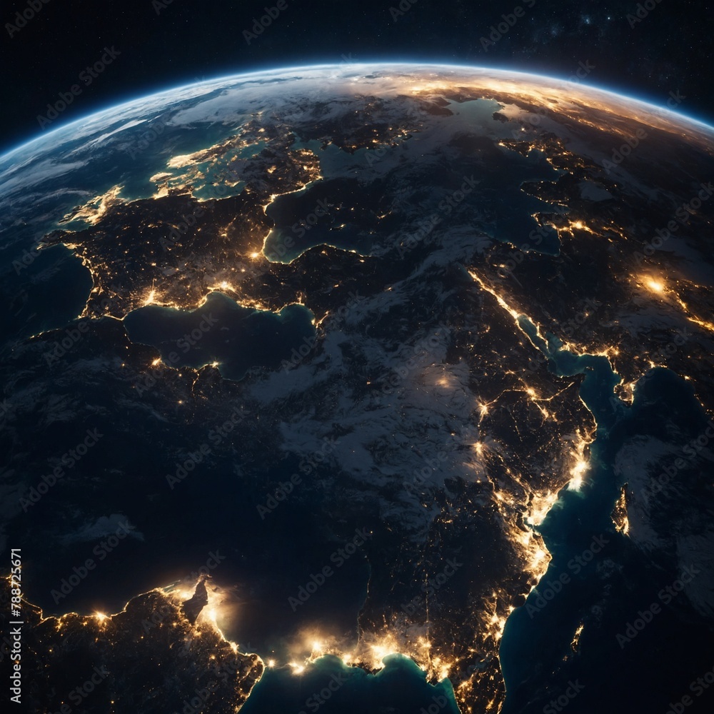 Obraz premium Night of Planet Earth globe from space view with city light of each countries on land and sunlight, Galaxy and space concept