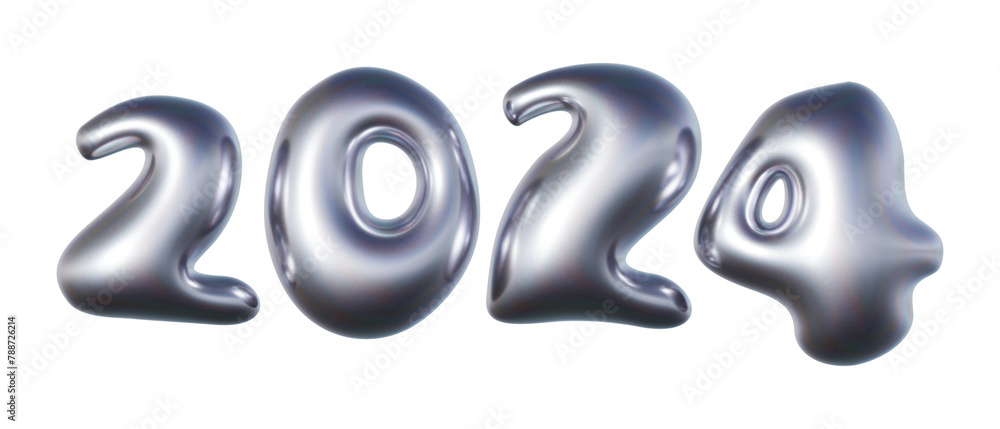 Year 2024 written in three-dimensional Y2K glossy chrome blob lettering isolated on transparent background. 3D rendering Year 2024 written in three-dimensional Y2K glossy chrome blob lettering isolated on transparent background. 3D rendering