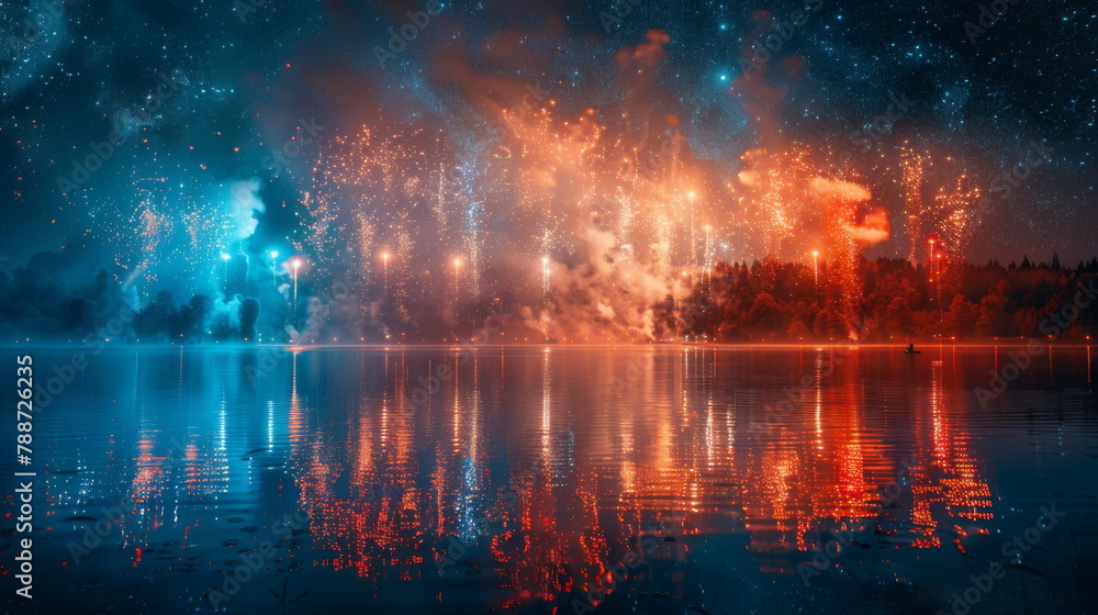 Fototapeta premium Fireworks Illuminate Night Sky Over Lake